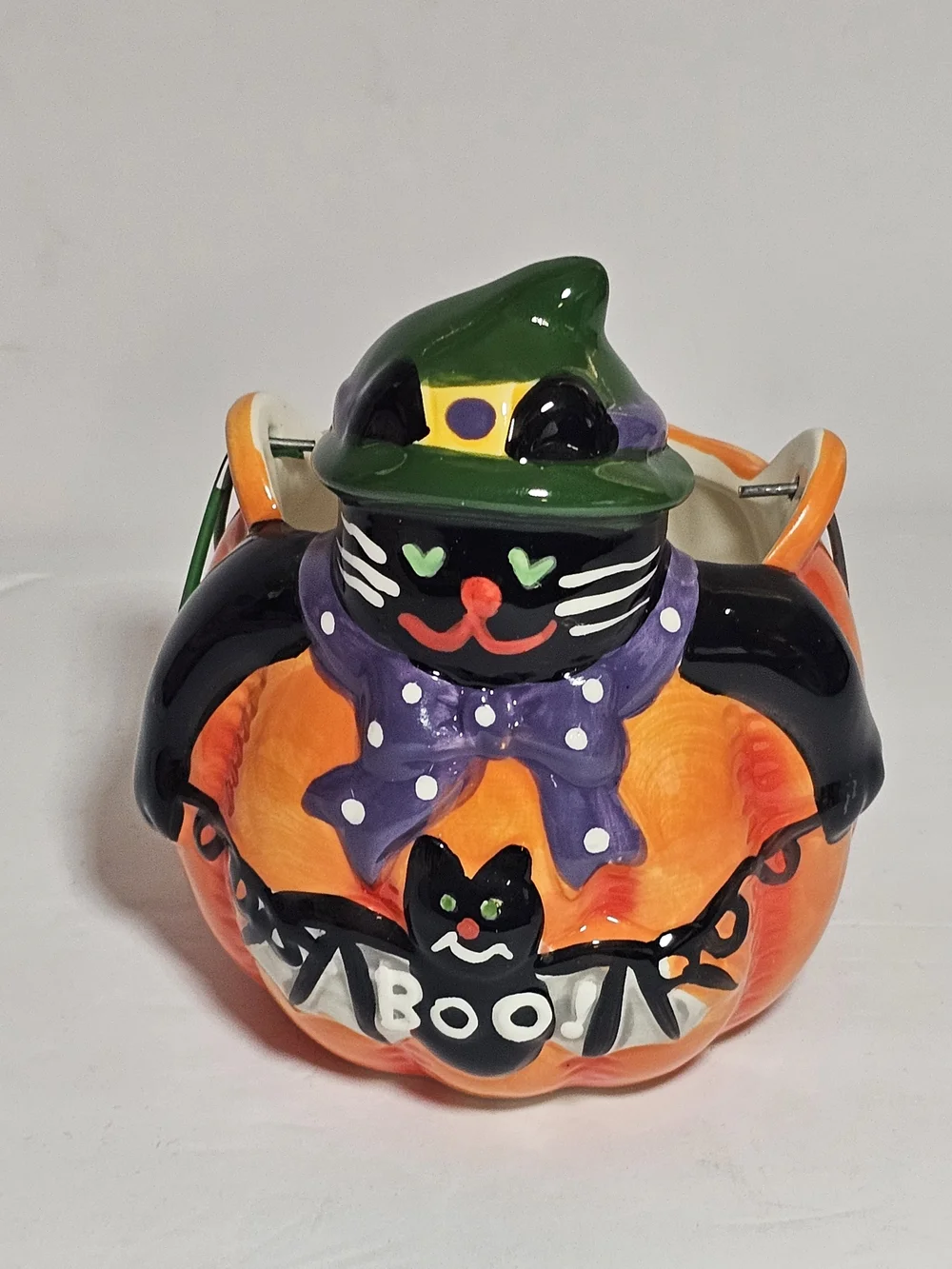 Halloween Black Cat Pumpkin Small Ceramic Candy Bucket Treat Pail BOO Decor